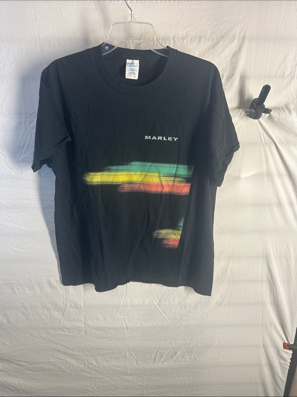 Port and Company Black Marley Tee with Yellow Green Red Brushstrokes